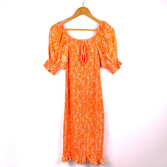 Faithfull The Brand Shirred Orange Stevie Floral Crepe Midi Dress Women’s US 2 - Picture 2 of 8